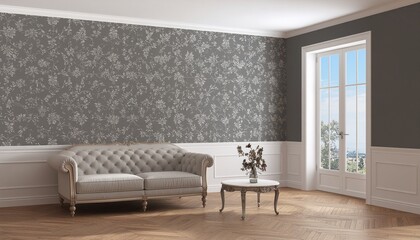 Victorian living room corner composition, decorative wallpaper, empty wall space for copy, elegant classic background