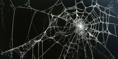 Black background with white spider webs, hanging from the left and right sides of the screen The webs are thin and long, Generative AI