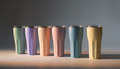 Colorful tumbler lineup in different pastel colors arranged neatly on a clean studio background, realistic texture, modern drinkware collection with fresh, minimal, premium look.