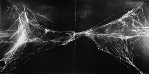 Black background with white spider webs, hanging from the left and right sides of the screen The webs are thin and long, Generative AI