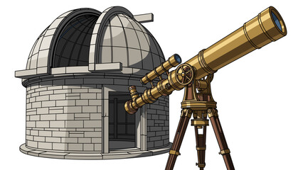 Illustrated Observatory Building with Telescope Pointing at the Cosmos, for Space Exploration and Scientific Discovery, isolated on transparent background.