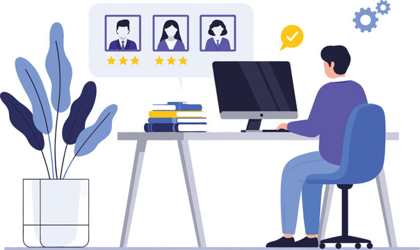 Flat vector illustration of a professional recruiter evaluating candidate profiles on a computer screen for hiring, human resources, and talent acquisition concepts.