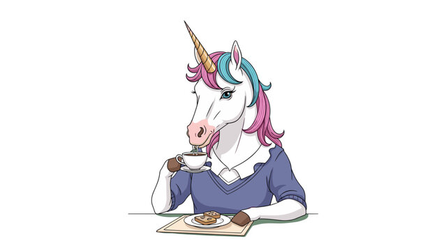 Elegant Unicorn Having Coffee: Cartoon Character Design, Mythical Creature enjoying Morning Beverage, Coffee Break, Isolated on transparent background for Graphic Design