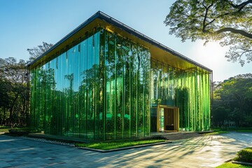 Green glass building with sunlight and tree background, sustainable architecture concept, Generative AI