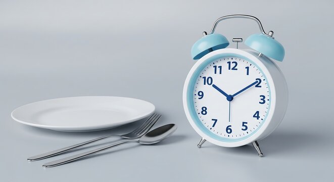 A white alarm clock next to an empty plate with a fork and spoon on a light grey background, symbolizing meal timing.