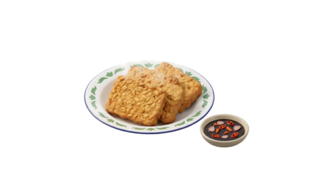 3D Isometric Indonesian Crispy Fried Tempeh on Vintage Enamel Plate Icon