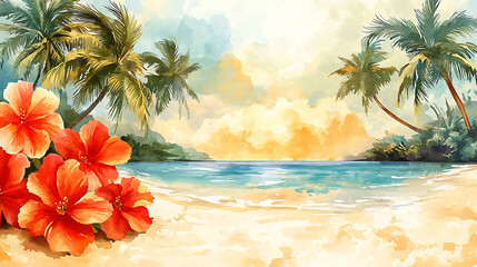 Obraz premium Vibrant Tropical Beach Paradise with Hibiscus Flowers and Palm Trees.
