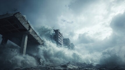 Fototapeta premium Dramatic aftermath: A devastated urban landscape under stormy skies and ruins