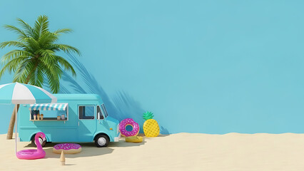 Summer beach food truck with inflatable rings and palm tree