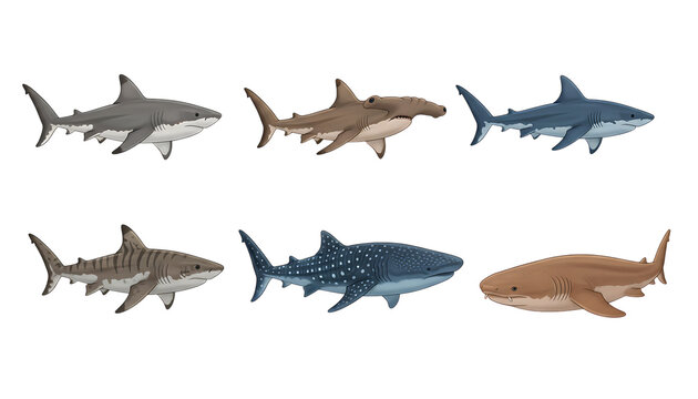 Collection of Various Sharks Illustration Set in Transparent Background