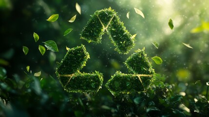 A green Earth made of three triangular symbols, symbolizing the concept of environmental protection and the circular nature of waste management, with small leaves flying around it, Generative AI