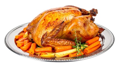 Roasted Turkey with Carrots on a Silver Platter.