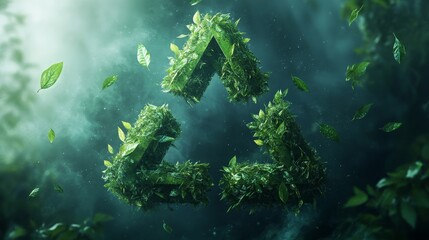 A green Earth made of three triangular symbols, symbolizing the concept of environmental protection and the circular nature of waste management, with small leaves flying around it, Generative AI