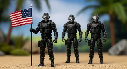 Three black-clad soldiers stand on a sandy beach with palm trees in the background, one holding an American flag.