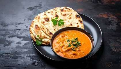 Delicious Butter Chicken with Naan Bread on Dark Plate.