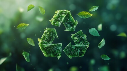 A green Earth made of three triangular symbols, symbolizing the concept of environmental protection and the circular nature of waste management, with small leaves flying around it, Generative AI