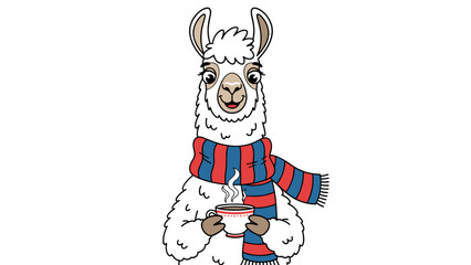 Obraz premium Cute Cartoon Llama with Hot Drink in Winter Scarf - Vector Illustration, Cozy Beverage, Isolated on transparent background for Graphic Design and Seasonal Marketing.