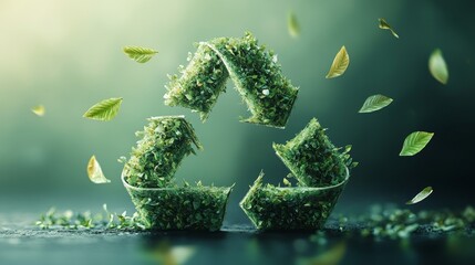 A green Earth made of three triangular symbols, symbolizing the concept of environmental protection and the circular nature of waste management, with small leaves flying around it, Generative AI