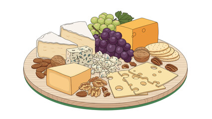 Gourmet Cheese Board Vector Illustration: Delicious Assortment with Brie, Cheddar, Grapes and Nuts, Perfect for Entertaining, isolated on transparent background.