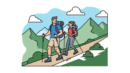 Happy Hiking Couple Adventure Illustration: Backpackers Trekking Together Through Mountain Landscape Scenery, Vector Graphic isolated on transparent background.