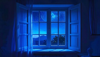 Night Window View - Serene Blue Landscape and Moonlight.
