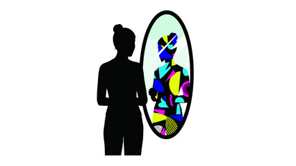 Woman Looking at Mirror, Colorful Reflection: Identity, Self-Discovery, and Self-Esteem Concepts. Psychological and Emotional Growth. Isolated on transparent background.