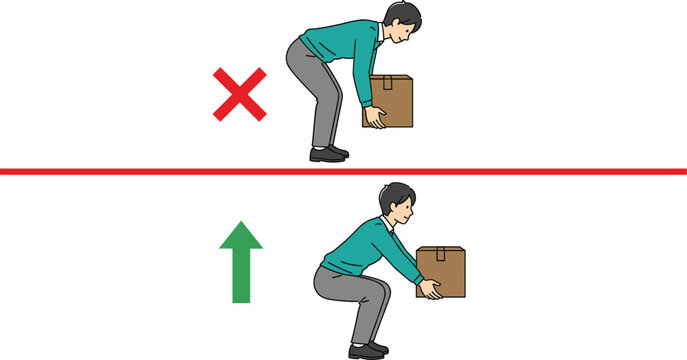 Flat vector illustration showing correct and incorrect manual handling techniques for lifting boxes to prevent back injury, ensuring workplace safety and ergonomic health.