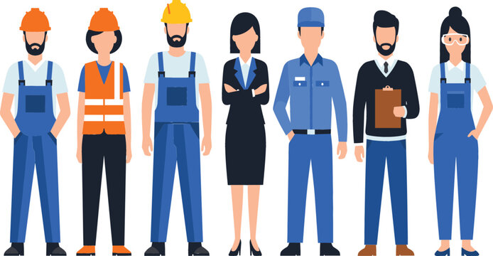 Flat vector illustration of professional workers and industrial employees including construction staff, office manager, and technical service people for labor and employment concepts.