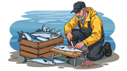 Fisherman Cleaning Freshly Caught Fish on the Shore - Vector Illustration of Seafood Preparation, Isolated on transparent background for Creative Projects