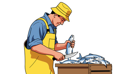 Fishmonger Cutting Fresh Fish Vector Illustration: Skilled Artisan Preparing Seafood, Isolated on transparent background, Graphic Resource for Culinary and Nautical Themes