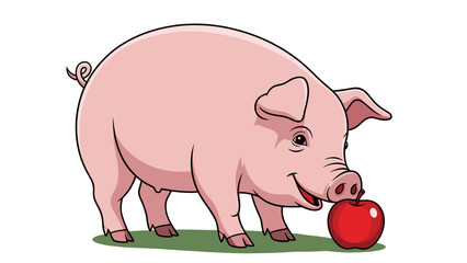 Happy Cartoon Pig with Apple: Cute Vector Illustration, Farm Animal, Isolated on transparent background. Perfect for Children's Books, Stickers, and Educational Materials.