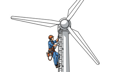 Wind Turbine Technician Vector Illustration: Climbing for Clean Energy, Skilled Worker Inspection, Maintenance and Repair - Isolated on transparent background