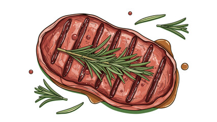 Delicious Grilled Steak Vector Illustration with Rosemary, Juicy and Fresh, isolated on transparent background. Perfect for food blogs, restaurant menus, or culinary designs.