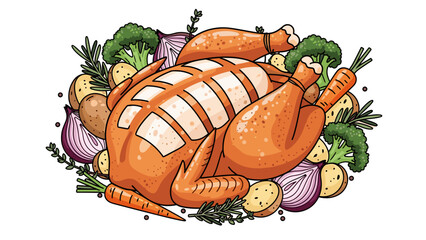Cartoon Roasted Turkey Vector Illustration: Thanksgiving Holiday Feast with Fresh Vegetables, Isolated on transparent background. Celebration Dinner Graphic Design Element.