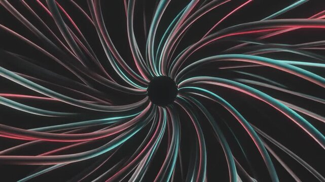 Abstract glowing red and blue lines flowing in a spiral pattern depicting data flow