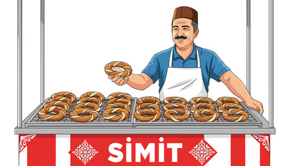 Turkish Simit Seller Vector Illustration: Smiling Cartoon Vendor with Traditional Bread Rings Isolated on Transparent Background, Authentic Street Food Culture Concept