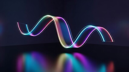 Single glowing neon ribbon wave in a dark room with vibrant multi-colored light and reflections