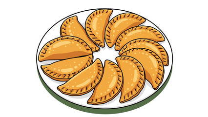 Golden Empanadas Illustration: Delicious Pastry on Plate, Festive Appetizer, Savory Snack, Latin American Cuisine, Culinary Art, Isolated on transparent background.