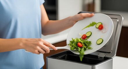 Person scraping leftover salad and vegetables from a white plate into a modern kitchen waste bin for composting or disposal.