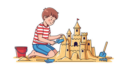 Cartoon Boy Building Sandcastle on Beach Vacation - Summer Fun and Childhood Memories - Vector Illustration isolated on transparent background