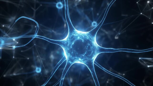 Glowing blue neurons connect in a complex neural network