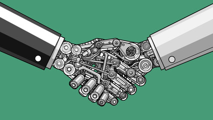 Robot Handshake, Future Business Deal: Vector Concept of Human and Artificial Intelligence Collaboration, Technology Partnership Isolated on transparent background.