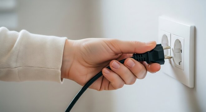 A person's hand is seen plugging a black electrical cord into a white wall power outlet, connecting a device to electricity.