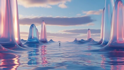Surreal landscape of tall iridescent translucent pillars in a calm ocean with a distant human silhouette