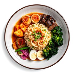 Bowl filled with noodles, boiled eggs, tofu, kimchi, and greens in a reddish-orange sauce, atop a white surface