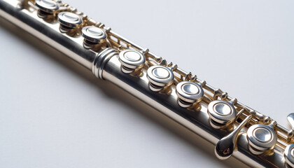 Close Up View of Silver Flute Keys and Mechanism.
