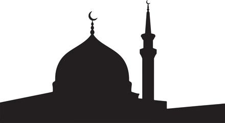 Fototapeta premium Silhouette of traditional mosque dome and minaret with crescent moon on top of both architecture buildings
