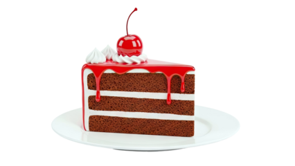 Slice of Chocolate Cake with Cherry and Red Glaze