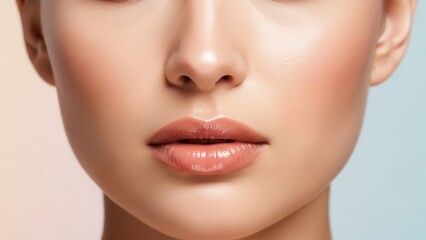 Obraz premium Beauty macro shot of a woman's natural glossy lips and flawless skin texture for cosmetics branding.