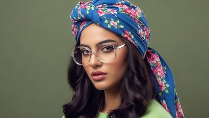 Fototapeta premium Sophisticated portrait of a woman wearing a richly patterned blue floral turban and oversized clear-framed glasses against a minimalist muted green backdrop.